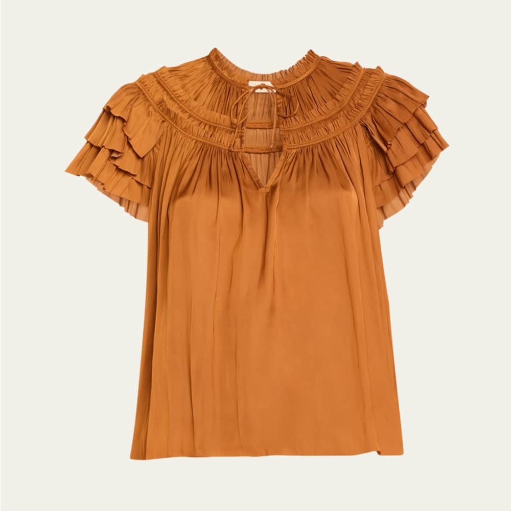 ULLA JOHNSON Elvie Terra Cotta Ruched Ruffle Top NWT Size 2